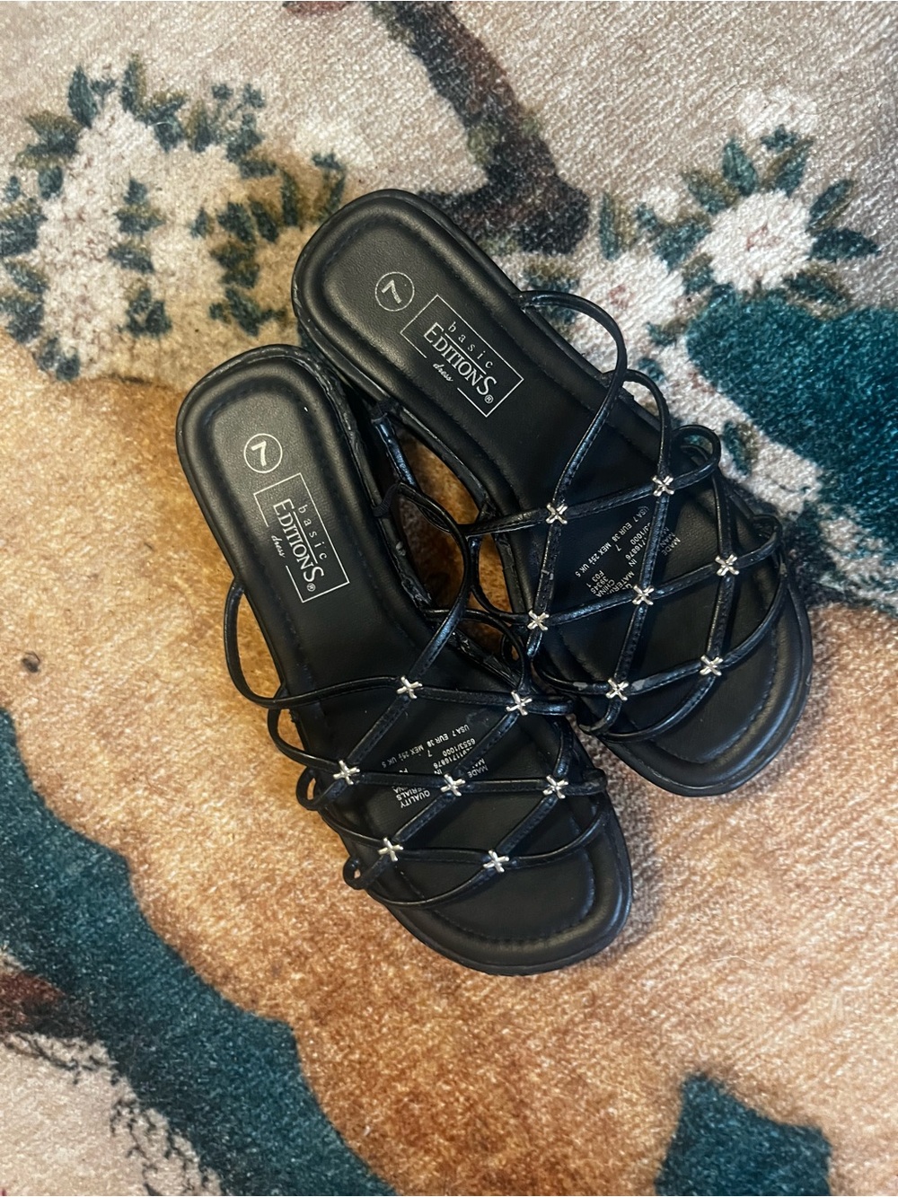 Basic Editions Black Strappy Slide Sandals with Rhinestone Accents